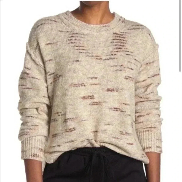 Max Studio Melange Long Sleeve Drop Shoulder Side-slit Cream/Oatmeal Sweater L - Picture 6 of 7